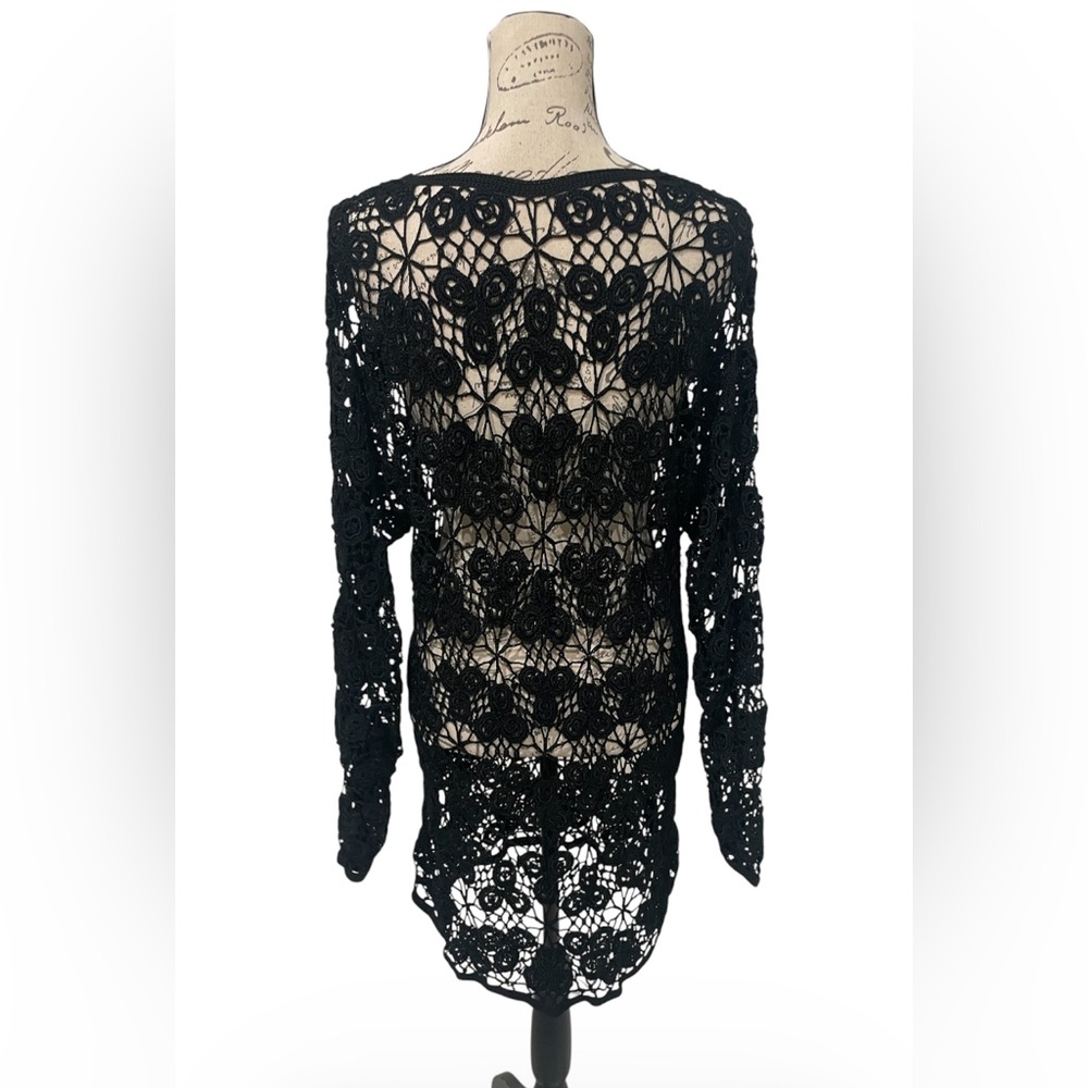 Black Crochet Lace Cover-Up Dress | Sheer Boho Tunic | Beach Resort Layer - Picture 4 of 4